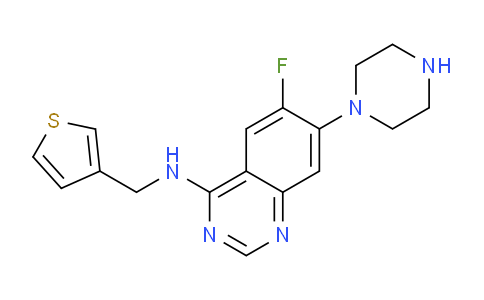 CAS No. 625080-70-8, 6-Fluoro-7-(piperazin-1-yl)-N-(thiophen-3-ylmethyl)quinazolin-4-amine