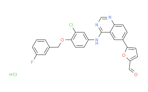 CAS No. 388082-76-6, 5-(4-((3-chloro-4-((3-fluorobenzyl)oxy)phenyl)amino)quinazolin-6-yl)furan-2-carbaldehyde hydrochloride