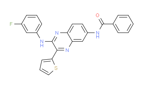 CAS No. 832081-93-3, N-(2-((3-Fluorophenyl)amino)-3-(thiophen-2-yl)quinoxalin-6-yl)benzamide