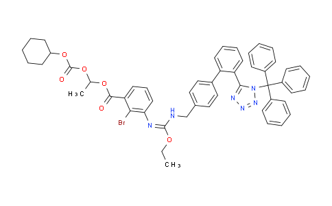 CAS No. 1239349-15-5, 1-(((cyclohexyloxy)carbonyl)oxy)ethyl (E)-2-bromo-3-((ethoxy(((2'-(1-trityl-1H-tetrazol-5-yl)-[1,1'-biphenyl]-4-yl)methyl)amino)methylene)amino)benzoate
