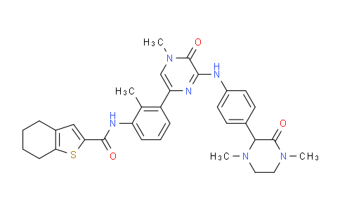 CAS No. 1133432-46-8, N-(3-(6-((4-(1,4-dimethyl-3-oxopiperazin-2-yl)phenyl)amino)-4-methyl-5-oxo-4,5-dihydropyrazin-2-yl)-2-methylphenyl)-4,5,6,7-tetrahydrobenzo[b]thiophene-2-carboxamide