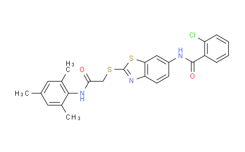 CAS No. 6357-93-3, 2-chloro-N-[2-[[2-oxo-2-(2,4,6-trimethylanilino)ethyl]thio]-1,3-benzothiazol-6-yl]benzamide