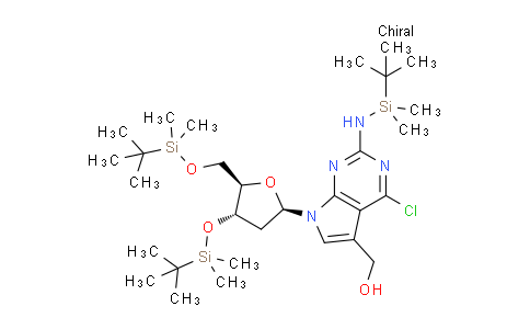 CAS No. 1200461-84-2, (2-((tert-butyldimethylsilyl)amino)-7-((2R,4S,5R)-4-((tert-butyldimethylsilyl)oxy)-5-(((tert-butyldimethylsilyl)oxy)methyl)tetrahydrofuran-2-yl)-4-chloro-7H-pyrrolo[2,3-d]pyrimidin-5-yl)methanol