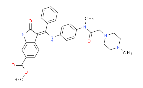 CAS No. 1160294-26-7, 1H-Indole-6-carboxylic acid, 2,3-dihydro-3-[[[4-[methyl[2-(4-methyl-1-piperazinyl)acetyl]amino]phenyl]amino]phenylmethylene]-2-oxo-, methyl ester