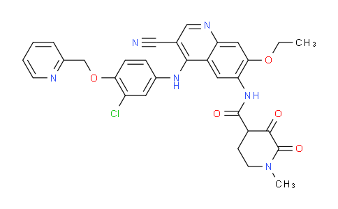 CAS No. 1144516-17-5, N-(4-((3-chloro-4-(pyridin-2-ylmethoxy) phenyl)amino)-3-cyano-7-ethoxyquinolin -6-yl)-1-methyl-2,3-dioxopiperidine-4- carboxamide