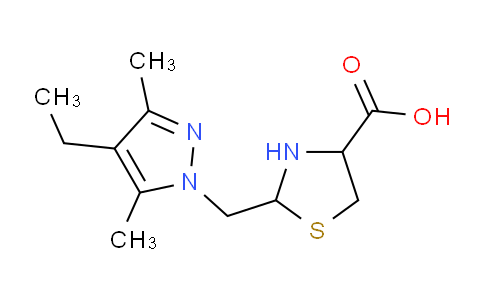 CAS No. 1218133-64-2, 2-((4-Ethyl-3,5-dimethyl-1H-pyrazol-1-yl)methyl)thiazolidine-4-carboxylic acid