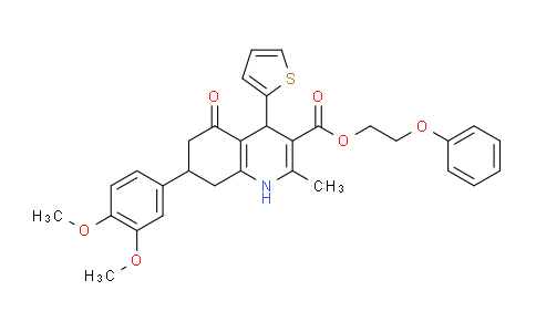 CAS No. 504432-11-5, 2-Phenoxyethyl 7-(3,4-dimethoxyphenyl)-2-methyl-5-oxo-4-(thiophen-2-yl)-1,4,5,6,7,8-hexahydroquinoline-3-carboxylate