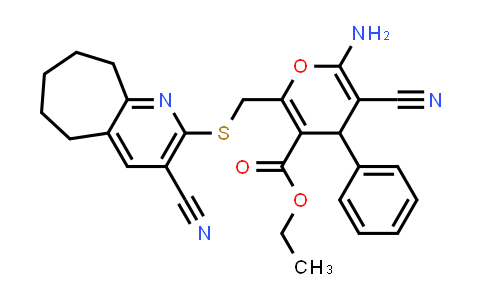 336180-72-4 | Ethyl 6-amino-5-cyano-2-(((3-cyano-6,7,8,9-tetrahydro-5H-cyclohepta[b]pyridin-2-yl)thio)methyl)-4-phenyl-4H-pyran-3-carboxylate