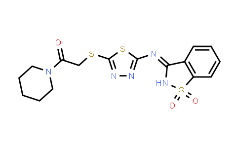 CAS No. 825657-73-6, 2-((5-((1,1-二氧代苯并[d]异噻唑-3(2H)-亚基)氨基)-1,3,4-噻二唑-2-基)硫代)-1-(哌啶-1-基)乙-1-酮
