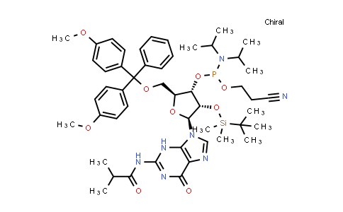 CAS No. 679809-76-8, (2S,3S,4S,5S)-2-((Bis(4-methoxyphenyl)(phenyl)methoxy)methyl)-4-((tert-butyldimethylsilyl)oxy)-5-(2-isobutyramido-6-oxo-3,6-dihydro-9H-purin-9-yl)tetrahydrofuran-3-yl (2-cyanoethyl) diisopropylphosphoramidite