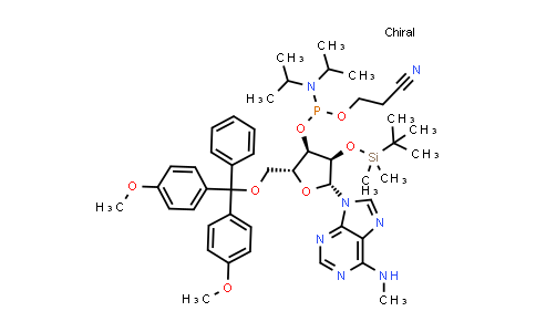 CAS No. 588698-79-7, (2R,3R,4R,5R)-2-((Bis(4-methoxyphenyl)(phenyl)methoxy)methyl)-4-((tert-butyldimethylsilyl)oxy)-5-(6-(methylamino)-9H-purin-9-yl)tetrahydrofuran-3-yl (2-cyanoethyl) diisopropylphosphoramidite