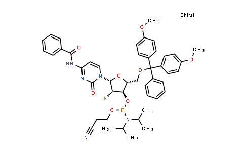 DY839730 | 1404463-12-2 | (2R,3R,4S,5R)-5-(4-苯甲酰氨基-2-氧代嘧啶-1(2H)-基)-2-((双(4-甲氧基苯基)(苯基)甲氧基)甲基)-4-氟四氢呋喃-3-基 (2-氰基乙基) 二异丙基亚磷酰胺