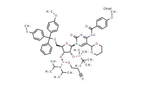DY839740 | 2143457-28-5 | (2R,3R,4R,5R)-5-(5-(1,3-二氧六环-2-基)-4-(4-甲氧基苯甲酰胺)-2-氧代嘧啶-1(2H)-基)-2-((双(4-甲氧基苯基)(苯基)甲氧基)甲基)-4-((叔丁基二甲基硅氧基)四氢呋喃-3-基 (2-氰基乙基) (R)-二异丙基亚磷酸酯