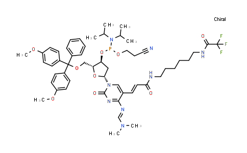 853955-92-7 | (2R,3S,5R)-2-((双(4-甲氧基苯基)(苯基)甲氧基)甲基)-5-(4-(((二甲基氨基)亚甲基)氨基)-2-氧代-5-(3-氧代-3((6-(2,2、 2-三氟乙酰氨基)己基)氨基)丙-1-烯-1-基)嘧啶-1(2H)-基)四氢呋喃-3-基(2-氰乙基)二异丙基亚磷酰胺