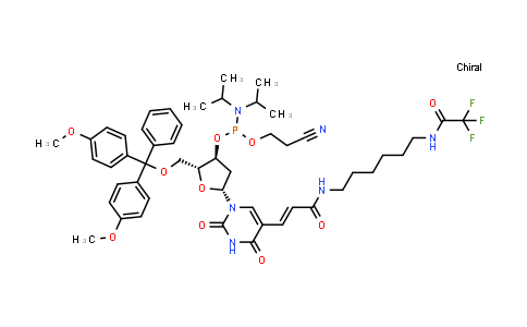 DY839743 | 210534-16-0 | (2R,3S,5R)-2-((Bis(4-methoxyphenyl)(phenyl)methoxy)methyl)-5-(2,4-dioxo-5-((E)-3-oxo-3-((6-(2,2,2-trifluoroacetamido)hexyl)amino)prop-1-en-1-yl)-3,4-dihydropyrimidin-1(2H)-yl)tetrahydrofuran-3-yl (2-cyanoethyl) diisopropylphosphoramidite