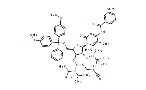 DY839747 | 160107-14-2 | (2R,3R,4R,5R)-5-(4-Benzamido-5-methyl-2-oxopyrimidin-1(2H)-yl)-2-((bis(4-methoxyphenyl)(phenyl)methoxy)methyl)-4-((tert-butyldimethylsilyl)oxy)tetrahydrofuran-3-yl (2-cyanoethyl) diisopropylphosphoramidite
