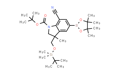 CAS No. 2113619-06-8, tert-butyl 3-[[tert-butyl(dimethyl)silyl]oxymethyl]-7-cyano-3-methyl-5-(4,4,5,5-tetramethyl-1,3,2-dioxaborolan-2-yl)indoline-1-carboxylate