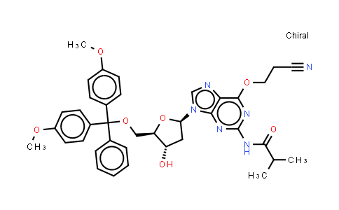 CAS No. 90662-86-5, N-[9-[(2R,4S,5R)-5-[[bis(4-methoxyphenyl)-phenyl-methoxy]methyl]-4-hydroxy-tetrahydrofuran-2-yl]-6-(2-cyanoethoxy)purin-2-yl]-2-methyl-propanamide