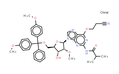 CAS No. 2227139-81-1, N-[9-[(2R,3R,4R,5R)-5-[[bis(4-methoxyphenyl)-phenyl-methoxy]methyl]-4-hydroxy-3-methoxy-tetrahydrofuran-2-yl]-6-(2-cyanoethoxy)purin-2-yl]-2-methyl-propanamide