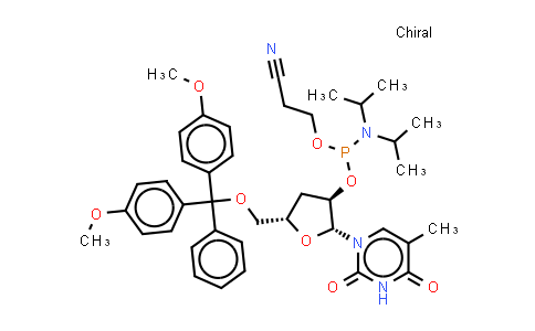 CAS No. 142103-12-6, 3-[[(2R,3R,5S)-5-[[bis(4-methoxyphenyl)-phenyl-methoxy]methyl]-2-(5-methyl-2,4-dioxo-pyrimidin-1-yl)tetrahydrofuran-3-yl]oxy-(diisopropylamino)phosphanyl]oxypropanenitrile