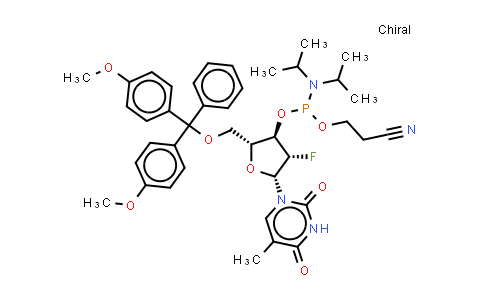 CAS No. 208193-48-0, 3-[[(2R,3R,4S,5R)-2-[[bis(4-methoxyphenyl)-phenyl-methoxy]methyl]-4-fluoro-5-(5-methyl-2,4-dioxo-pyrimidin-1-yl)tetrahydrofuran-3-yl]oxy-(diisopropylamino)phosphanyl]oxypropanenitrile