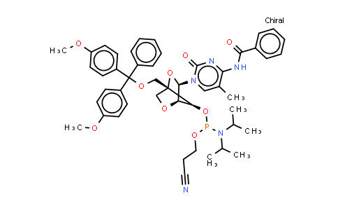 CAS No. 206055-82-5, N-[1-[(1R,3R,4R,7S)-1-[[bis(4-methoxyphenyl)-phenyl-methoxy]methyl]-7-[2-cyanoethoxy-(diisopropylamino)phosphanyl]oxy-2,5-dioxabicyclo[2.2.1]heptan-3-yl]-5-methyl-2-oxo-pyrimidin-4-yl]benzamide