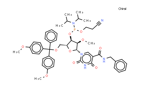 CAS No. 1374692-45-1, N-benzyl-1-[(2R,3R,4R,5R)-5-[[bis(4-methoxyphenyl)-phenyl-methoxy]methyl]-4-[2-cyanoethoxy-(diisopropylamino)phosphanyl]oxy-3-methoxy-tetrahydrofuran-2-yl]-2,4-dioxo-pyrimidine-5-carboxamide