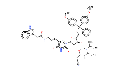 DY851528 | 2410552-25-7 | N-[3-[1-[(2R,4S,5R)-5-[[bis(4-methoxyphenyl)-phenyl-methoxy]methyl]-4-[2-cyanoethoxy-(diisopropylamino)phosphanyl]oxy-tetrahydrofuran-2-yl]-2,4-dioxo-pyrimidin-5-yl]allyl]-2-(1H-indol-3-yl)acetamide