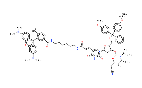 CAS No. 1266091-48-8, 2-[3,6-bis(dimethylamino)xanthen-10-ium-9-yl]-4-[6-[3-[1-[(2R,4S,5R)-5-[[bis(4-methoxyphenyl)-phenyl-methoxy]methyl]-4-[2-cyanoethoxy-(diisopropylamino)phosphanyl]oxy-tetrahydrofuran-2-yl]-2,4-dioxo-pyrimidin-5-yl]prop-2-enoylamino]hexylcarbamoyl]benzoate