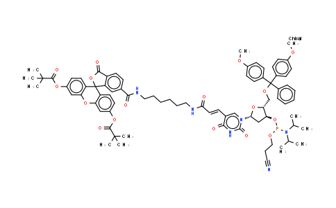 CAS No. 1194507-30-6, [6-[6-[3-[1-[(2R,4S,5R)-5-[[bis(4-methoxyphenyl)-phenyl-methoxy]methyl]-4-[2-cyanoethoxy-(diisopropylamino)phosphanyl]oxy-tetrahydrofuran-2-yl]-2,4-dioxo-pyrimidin-5-yl]prop-2-enoylamino]hexylcarbamoyl]-6'-(2,2-dimethylpropanoyloxy)-3-oxo-spiro[isobenzofuran-1,9'-xanthene]-3'-yl] 2,2-dimethylpropanoate