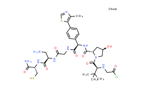 DY855532 | 2756688-02-3 | 2-[[(1S)-1-[(2S,4R)-2-[[(1R)-2-[[2-[[(1R)-1-(aminomethyl)-2-[[(1S)-2-amino-2-oxo-1-(sulfanylmethyl)ethyl]amino]-2-oxo-ethyl]amino]-2-oxo-ethyl]amino]-1-[4-(4-methylthiazol-5-yl)phenyl]-2-oxo-ethyl]carbamoyl]-4-hydroxy-pyrrolidine-1-carbonyl]-2,2-dimethyl-propyl]amino]acetyl chloride