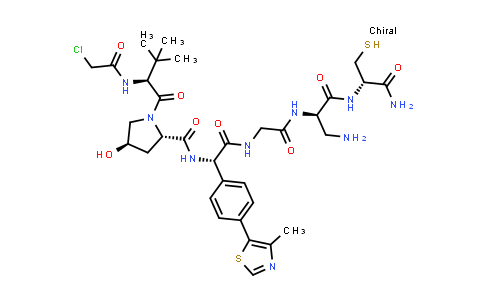 DY855533 | 2756687-64-4 | (2S,4R)-N-[(1S)-2-[[2-[[(1R)-1-(aminomethyl)-2-[[(1S)-2-amino-2-oxo-1-(sulfanylmethyl)ethyl]amino]-2-oxo-ethyl]amino]-2-oxo-ethyl]amino]-1-[4-(4-methylthiazol-5-yl)phenyl]-2-oxo-ethyl]-1-[(2S)-2-[(2-chloroacetyl)amino]-3,3-dimethyl-butanoyl]-4-hydroxy-pyrrolidine-2-carboxamide