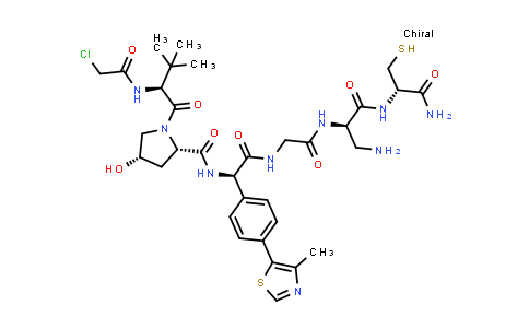 DY855535 | 2756687-94-0 | (2S,4S)-N-[(1R)-2-[[2-[[(1R)-1-(aminomethyl)-2-[[(1S)-2-amino-2-oxo-1-(sulfanylmethyl)ethyl]amino]-2-oxo-ethyl]amino]-2-oxo-ethyl]amino]-1-[4-(4-methylthiazol-5-yl)phenyl]-2-oxo-ethyl]-1-[(2S)-2-[(2-chloroacetyl)amino]-3,3-dimethyl-butanoyl]-4-hydroxy-pyrrolidine-2-carboxamide