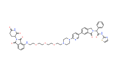 CAS No. 2140806-84-2, 2-[6-[6-[4-[2-[2-[2-[2-[[2-(2,6-dioxo-3-piperidyl)-1,3-dioxo-isoindolin-4-yl]amino]ethoxy]ethoxy]ethoxy]ethyl]piperazin-1-yl]-3-pyridyl]-1-oxo-isoindolin-2-yl]-2-phenyl-N-thiazol-2-yl-acetamide