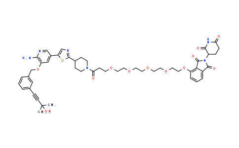 DY855604 | 2636072-62-1 | 4-[2-[2-[2-[2-[3-[4-[5-[6-amino-5-[[3-(3-hydroxy-3-methyl-but-1-ynyl)phenyl]methoxy]-3-pyridyl]thiazol-2-yl]-1-piperidyl]-3-oxo-propoxy]ethoxy]ethoxy]ethoxy]ethoxy]-2-(2,6-dioxo-3-piperidyl)isoindoline-1,3-dione