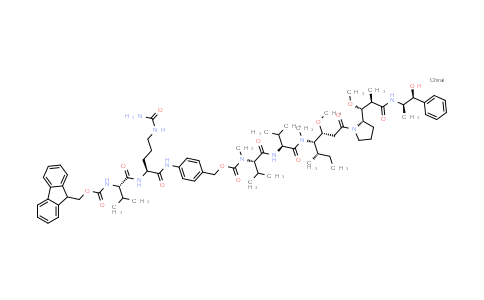 CAS No. 1350456-56-2, [4-[[(2S)-2-[[(2S)-2-(9H-fluoren-9-ylmethoxycarbonylamino)-3-methyl-butanoyl]amino]-5-ureido-pentanoyl]amino]phenyl]methyl N-[(1S)-1-[[(1S)-1-[[(1S,2R)-4-[(2S)-2-[(1R,2R)-3-[[(1R,2S)-2-hydroxy-1-methyl-2-phenyl-ethyl]amino]-1-methoxy-2-methyl-3-oxo-propyl]pyrrolidin-1-yl]-2-methoxy-1-[(1S)-1-methylpropyl]-4-oxo-butyl]-methyl-carbamoyl]-2-methyl-propyl]carbamoyl]-2-methyl-propyl]-N-methyl-carbamate