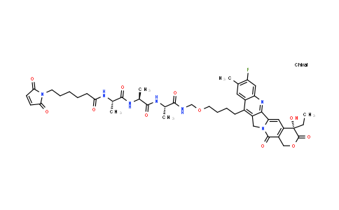 CAS No. 2414594-32-2, 6-(2,5-dioxopyrrol-1-yl)-N-[(1S)-2-[[(1S)-2-[[(1S)-2-[4-[(19S)-19-ethyl-6-fluoro-19-hydroxy-7-methyl-14,18-dioxo-17-oxa-3,13-diazapentacyclo[11.8.0.0²¹¹.0⁴⁹.0¹⁵²º]henicosa-1(21),2,4,6,8,10,15(20)-heptaen-10-yl]butoxymethylamino]-1-methyl-2-oxo-ethyl]amino]-1-methyl-2-oxo-ethyl]amino]-1-methyl-2-oxo-ethyl]hexanamide