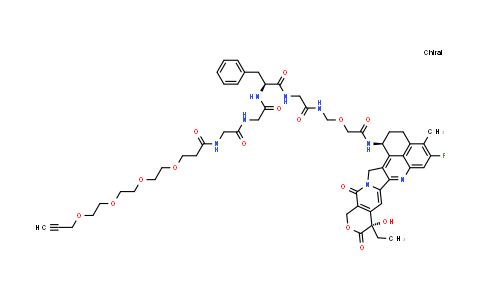 DY855664 | 2762518-94-3 | N-{[({[(1S)-1-[({[({[(10S,23S)-10-ethyl-18-fluoro-10-hydroxy-19-methyl-5,9-dioxo-8-oxa-4,15-diazahexacyclo[14.7.1.0²,¹⁴.0⁴,¹³.0⁶,¹¹.0²⁰,²⁴]tetracosa-1,6(11),12,14,16,18,20(24)-heptaen-23-yl]carbamoyl}methoxy)methyl]carbamoyl}methyl)carbamoyl]-2-phenylethyl]carbamoyl}methyl)carbamoyl]methyl}-4,7,10,13-tetraoxahexadec-15-ynamide