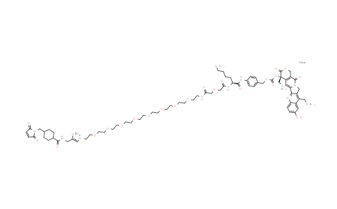 DY855677 | 1279680-68-0 | [4-[[(2S)-6-amino-2-[[2-[2-[2-[2-[2-[2-[2-[2-[2-[2-[2-[4-[[[4-[(2,5-dioxopyrrol-1-yl)methyl]cyclohexanecarbonyl]amino]methyl]triazol-1-yl]ethoxy]ethoxy]ethoxy]ethoxy]ethoxy]ethoxy]ethoxy]ethoxy]ethylamino]-2-oxo-ethoxy]acetyl]amino]hexanoyl]amino]phenyl]methyl [(19S)-10,19-diethyl-7-hydroxy-14,18-dioxo-17-oxa-3,13-diazapentacyclo[11.8.0.0²¹¹.0⁴⁹.0¹⁵²º]henicosa-1(21),2,4,6,8,10,15(20)-heptaen-19-yl] carbonate