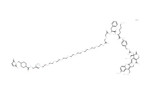 MC855681 | 1036969-20-6 | [4-[[(2S)-6-amino-2-[[(2S)-2-[[2-[2-[2-[2-[2-[2-[2-[2-[2-[2-[2-[4-[[[4-[(2,5-dioxopyrrol-1-yl)methyl]cyclohexanecarbonyl]amino]methyl]triazol-1-yl]ethoxy]ethoxy]ethoxy]ethoxy]ethoxy]ethoxy]ethoxy]ethoxy]ethylamino]-2-oxo-ethoxy]acetyl]amino]-3-phenyl-propanoyl]amino]hexanoyl]amino]phenyl]methyl [(19S)-10,19-diethyl-7-hydroxy-14,18-dioxo-17-oxa-3,13-diazapentacyclo[11.8.0.0²¹¹.0⁴⁹.0¹⁵²º]henicosa-1(21),2,4,6,8,10,15(20)-heptaen-19-yl] carbonate