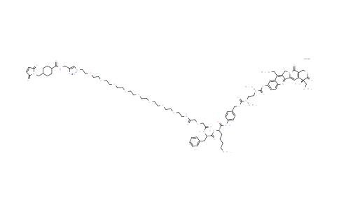MC855682 | 1639139-65-3 | [(19S)-10,19-diethyl-19-hydroxy-14,18-dioxo-17-oxa-3,13-diazapentacyclo[11.8.0.0²¹¹.0⁴⁹.0¹⁵²º]henicosa-1(21),2,4,6,8,10,15(20)-heptaen-7-yl] N-[2-[[4-[[(2S)-6-amino-2-[[(2S)-2-[[2-[2-[2-[2-[2-[2-[2-[2-[2-[2-[2-[4-[[[4-[(2,5-dioxopyrrol-1-yl)methyl]cyclohexanecarbonyl]amino]methyl]triazol-1-yl]ethoxy]ethoxy]ethoxy]ethoxy]ethoxy]ethoxy]ethoxy]ethoxy]ethylamino]-2-oxo-ethoxy]acetyl]amino]-3-phenyl-propanoyl]amino]hexanoyl]amino]phenyl]methoxycarbonyl-methyl-amino]ethyl]-N-methyl-carbamate